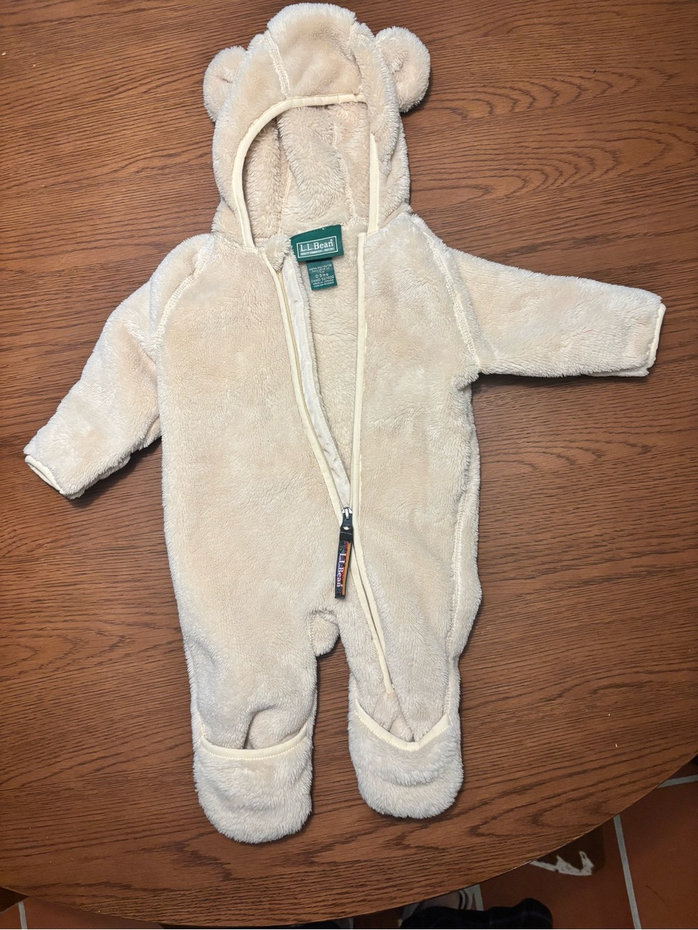 L.L. Bean Cream Plush Fleece Baby Footie with Hood and Ears